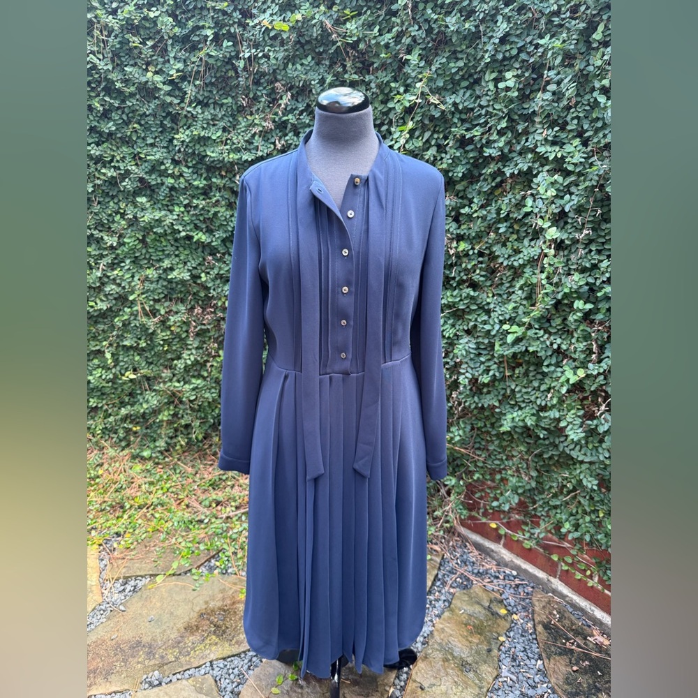 Brooks Brothers Pleated Navy Dress with Bow Detail - Picture 2 of 6